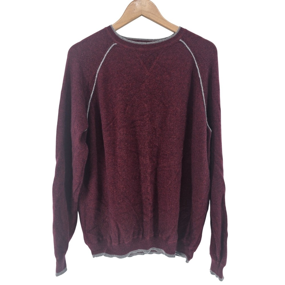 Hammacher Schlemmer Sweater Mens XL Burgundy 100% Cashmere Raglan Crew Neck Trim